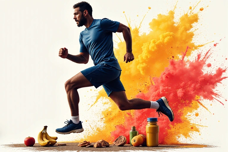 Ein Sportler beim Training mit gesunden Snacks und einer Darstellung von Energie und Ausdauer durch Ernährung.