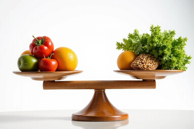 Eine Waage mit gesunden Lebensmitteln wie Obst, Gemüse und Vollkornprodukten.