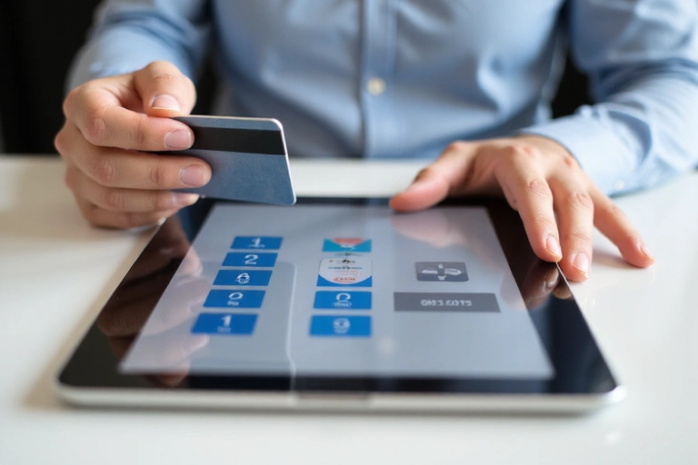 Hände halten eine Kreditkarte und tippen auf ein Tablet, das Online-Zahlungen anzeigt, um die Flexibilität der Zahlungsoptionen zu symbolisieren.